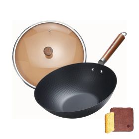 WANGYUANJI Iron Wok, 11.8" Lightweight Wok and Stir Fry Pan with Lid, Wooden Handle Carbon Steel Wok No Chemical Coated Flat Bottom Wok for Induc