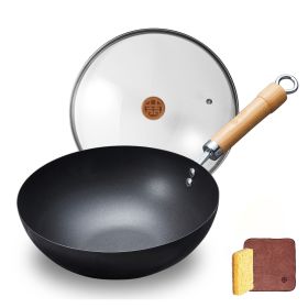 WANGYUANJI Carbon Steel Wok Pan, 11" Woks and Stir Fry Pans with Lid, No Chemical Coated Iron Wok for Induction, Electric, Gas