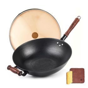 WANGYUANJI 12.59'' Cast Iron Wok, Craft Wok Chinese Wok, Flat Bottom Iron Woks with Glass Lid, Fry Pan Suitable for Induction, Electric, Gas