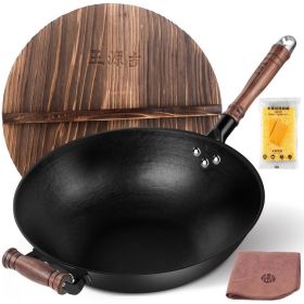 WANGYUANJI 14.2" Cast Iron Wok, Craft Wok Chinese Wok, Flat Bottom Iron Woks with Wooden Lid, Fry Pan Suitable for Induction, Electric, Gas