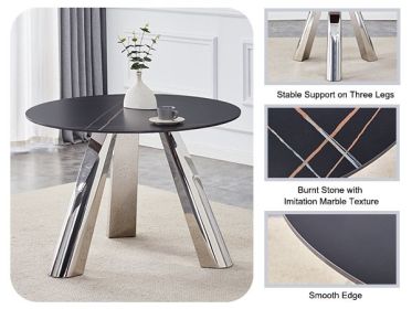 42-inch Sintered Stone Dining Table and Chair Set Mirror-polished Stainless Steel Base 4 Black PU Chairs Modern Luxury Round Dining Table Series